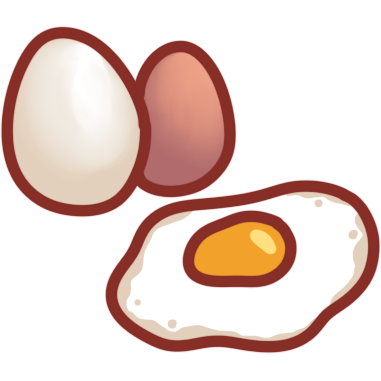a white egg, brown egg, and a sunny side up egg
